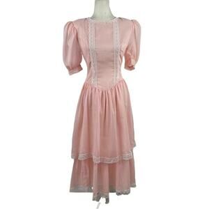 VTG Gunne Sax Midi Victorian Dress 1980s Cottagecore Prairie Lace Trim Pink
